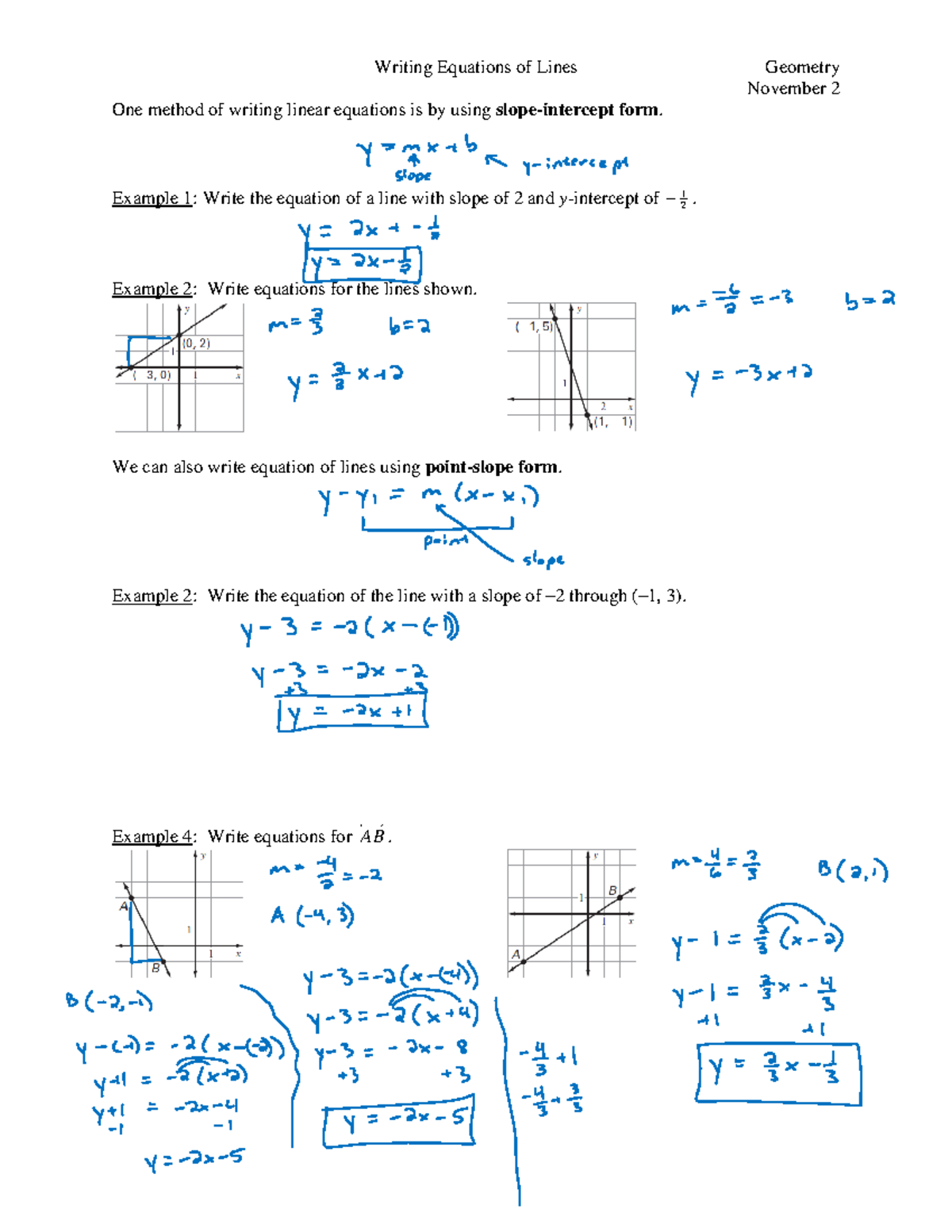 11-02 - writing equations of lines - Writing Equations of Lines ...