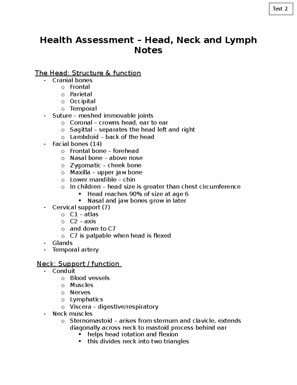 Notes - Test 2 - Head, Neck and Lymph - Health Assessment – Head, Neck ...