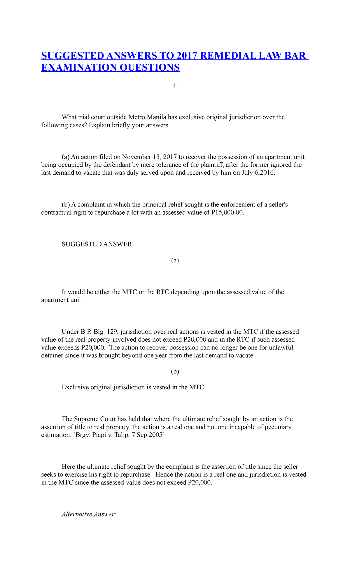 Remedial Law Q and A - Bar questions and answers for the year 2017 ...