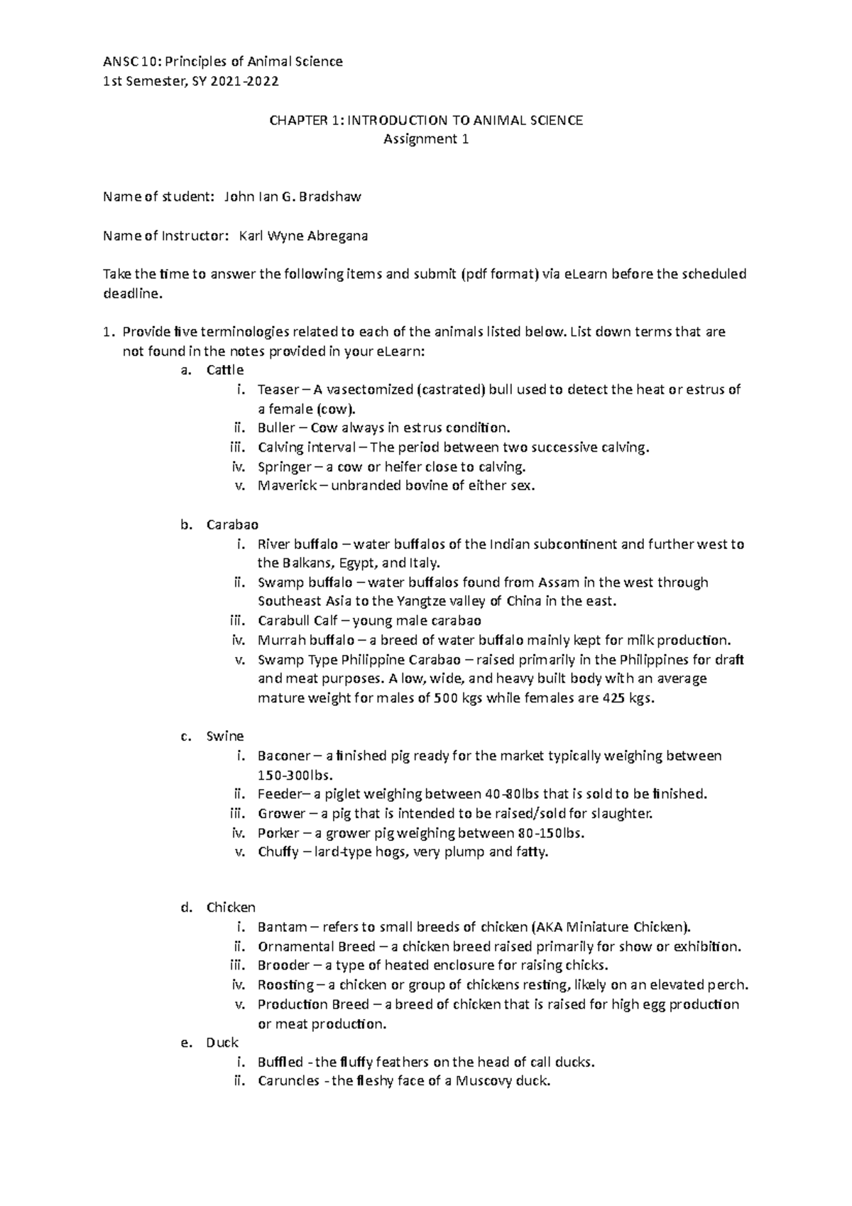 Bradshaw ANSC10 Assignment 1 Chapter 1 - ANSC 10: Principles of Animal ...