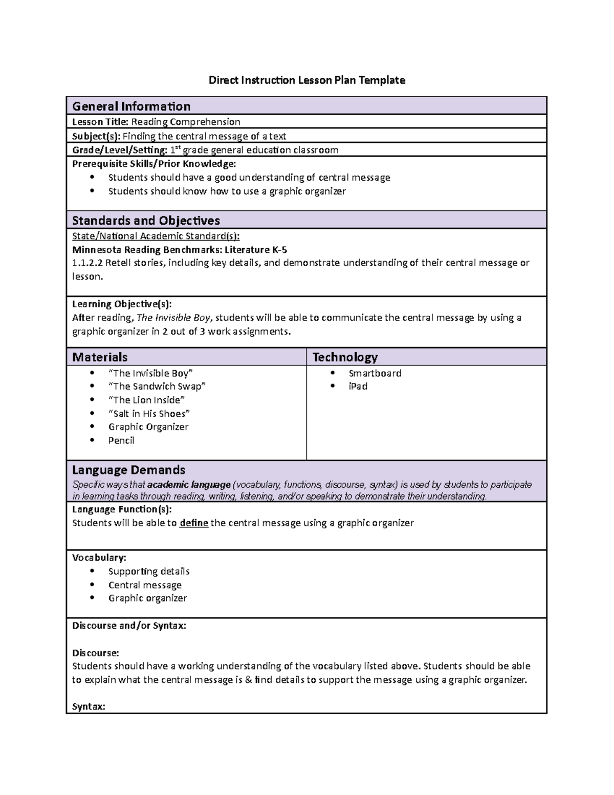 Task 1 Lesson Plan C. Lit Revised - Direct Instruction Lesson Plan ...