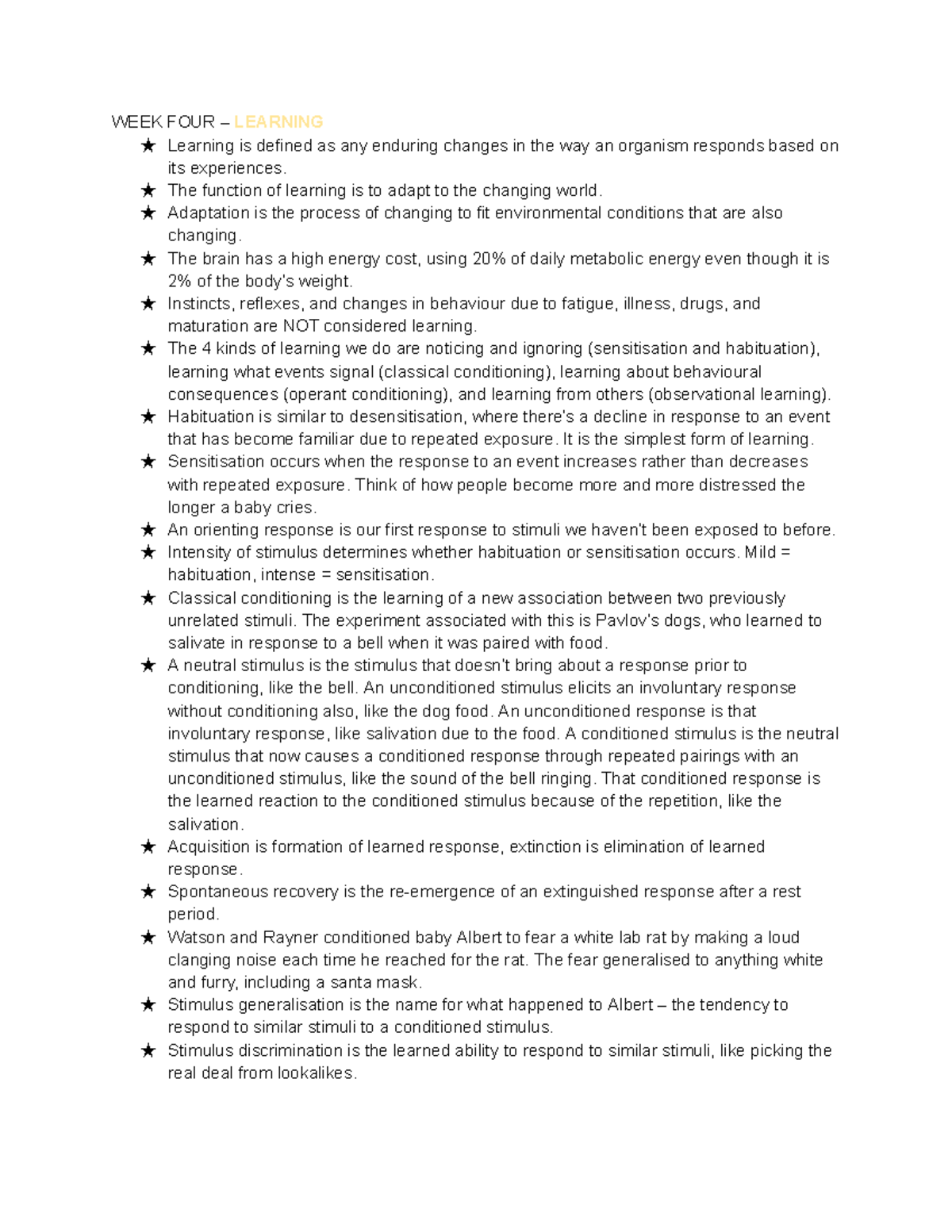 PSYU1101 WEEK 4 - INTRO TO PSYCH 1 LECTURE NOTES - WEEK FOUR – LEARNING ...