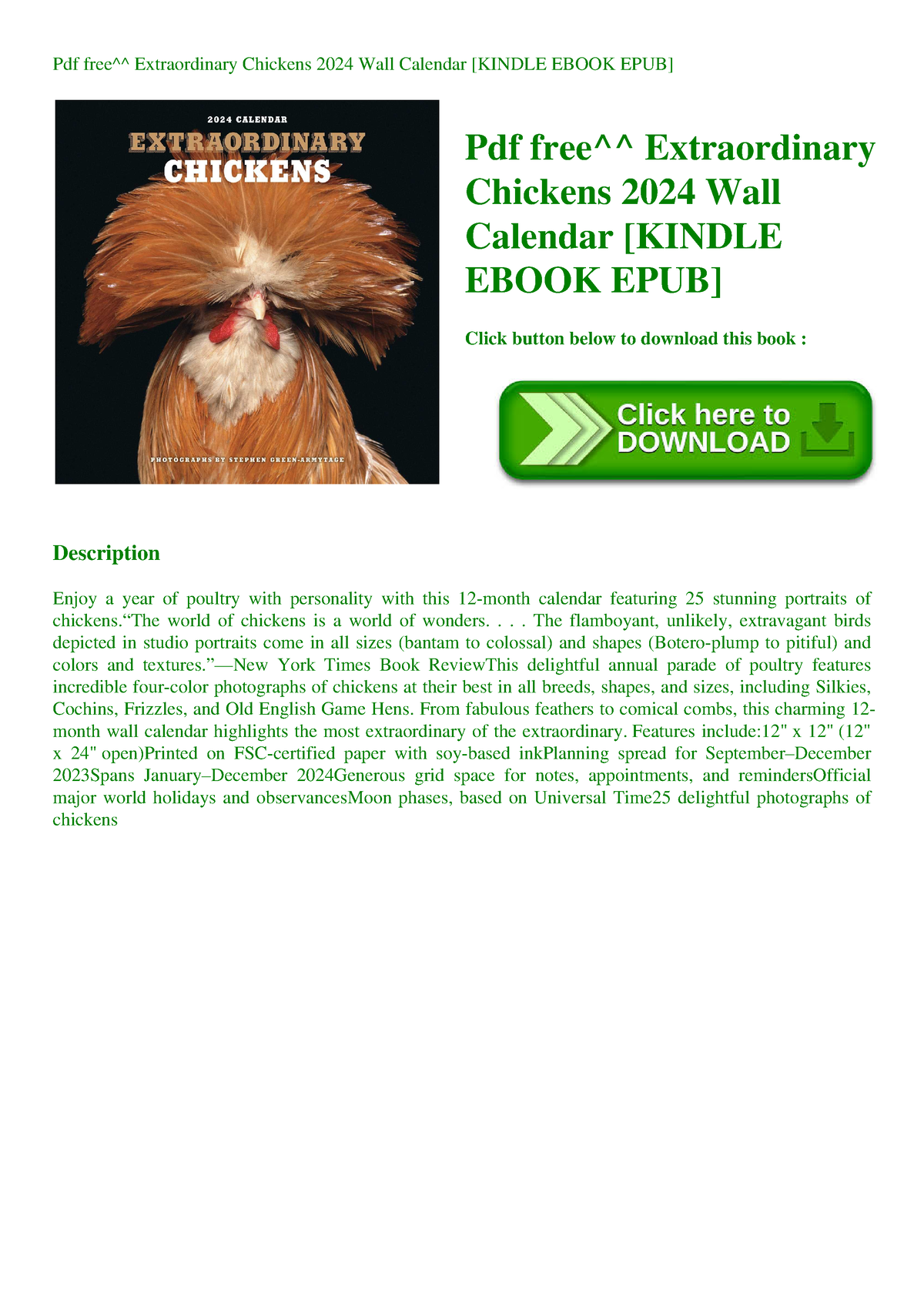 Pdf free^^ Extraordinary Chickens 2024 Wall Calendar [ Kindle Ebook