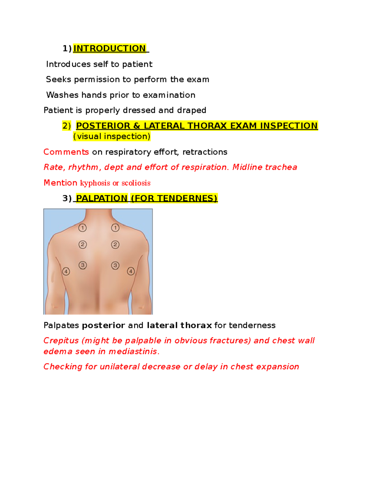 Thorax AND LUNG Skills Check LIST WITH PICS - 1)INTRODUCTION Introduces ...