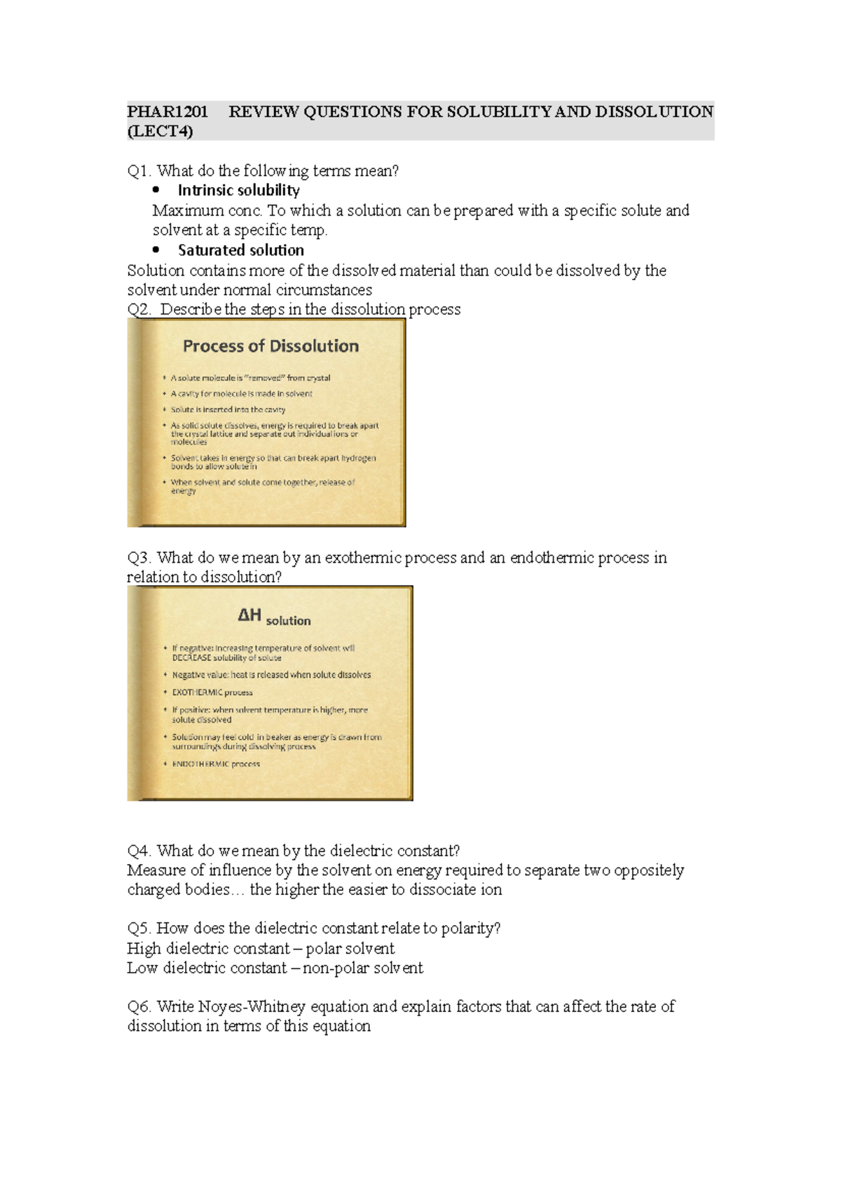 PHAR1201 Week 2 Review - PHAR1201 REVIEW QUESTIONS FOR SOLUBILITY AND ...