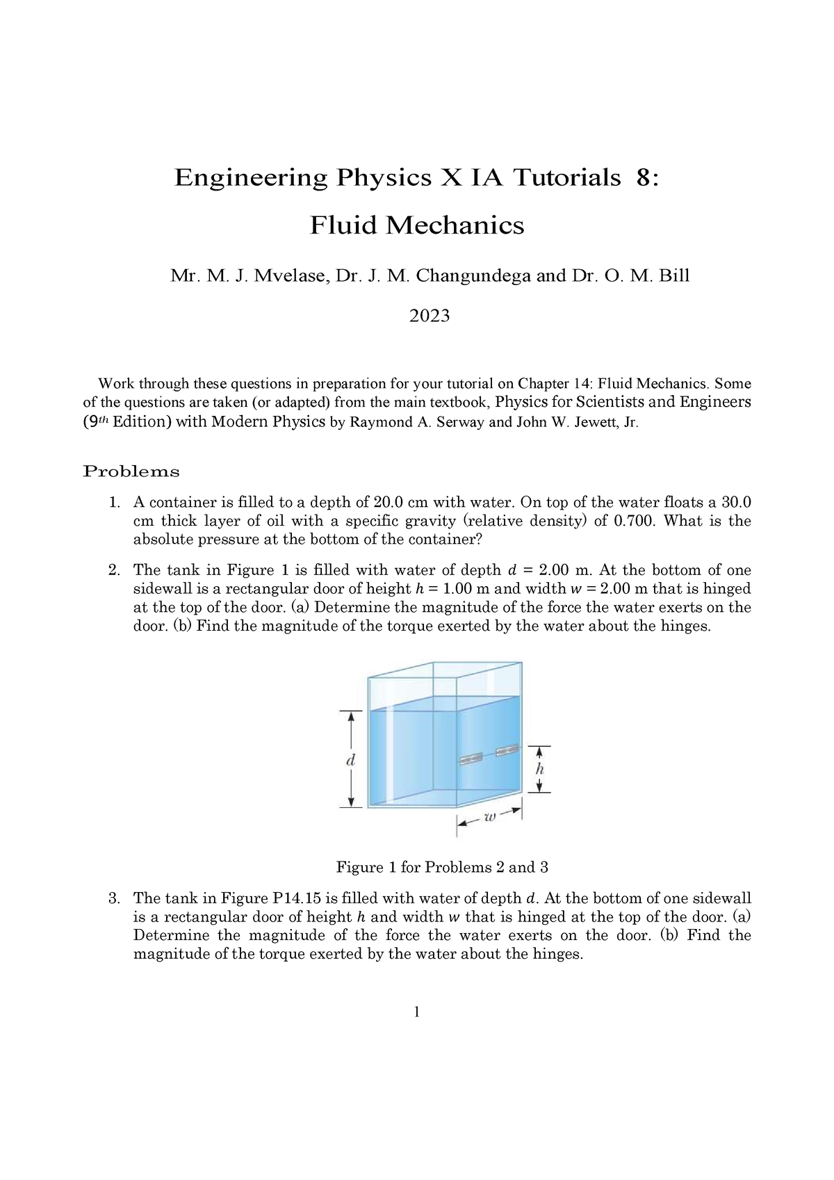 Tutorial 8 - Fluid Mechanics - Engineering Physics X IA Tutorials 8 ...