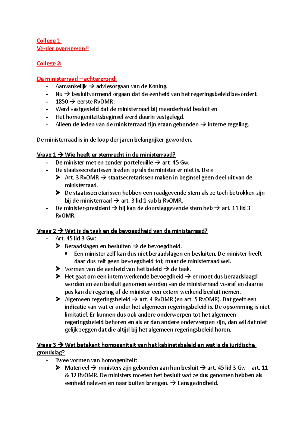 Staatsrecht Werkcollege - College 1 Verder Overnemen!! College 2: De ...