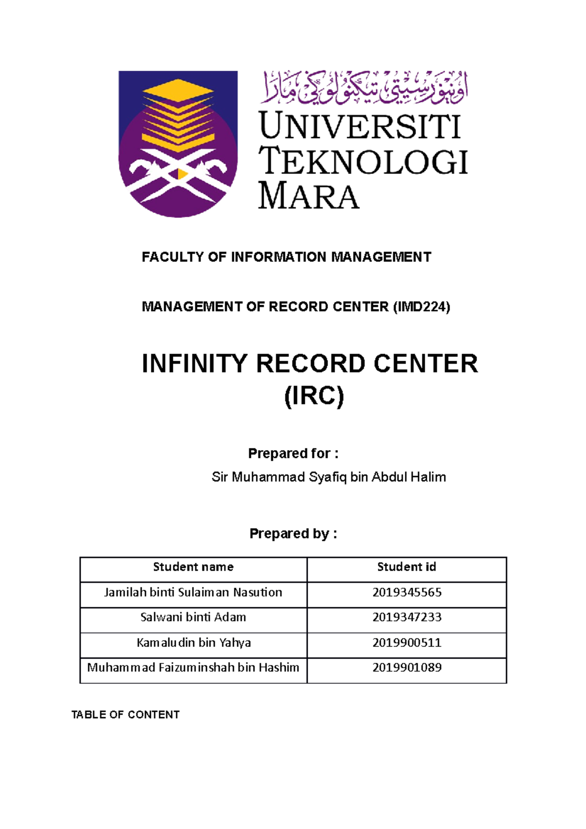Updated Infinity Record Center FACULTY OF INFORMATION MANAGEMENT
