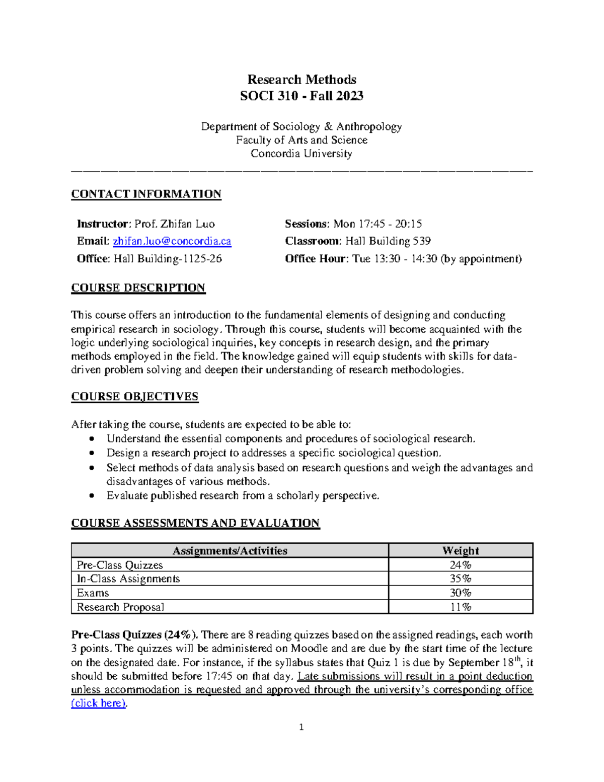 SOCI 310 syllabus - Research Methods SOCI 310 - Fall 2023 Department of ...