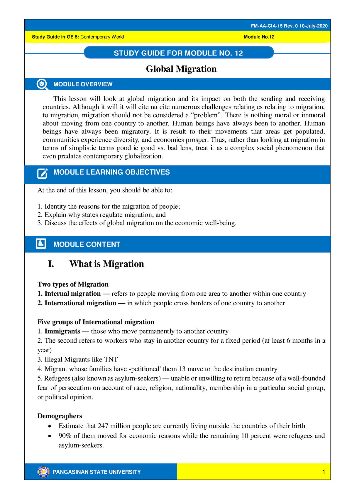 TCW Module 12 The Global Migration - Study Guide In GE 5: Contemporary ...