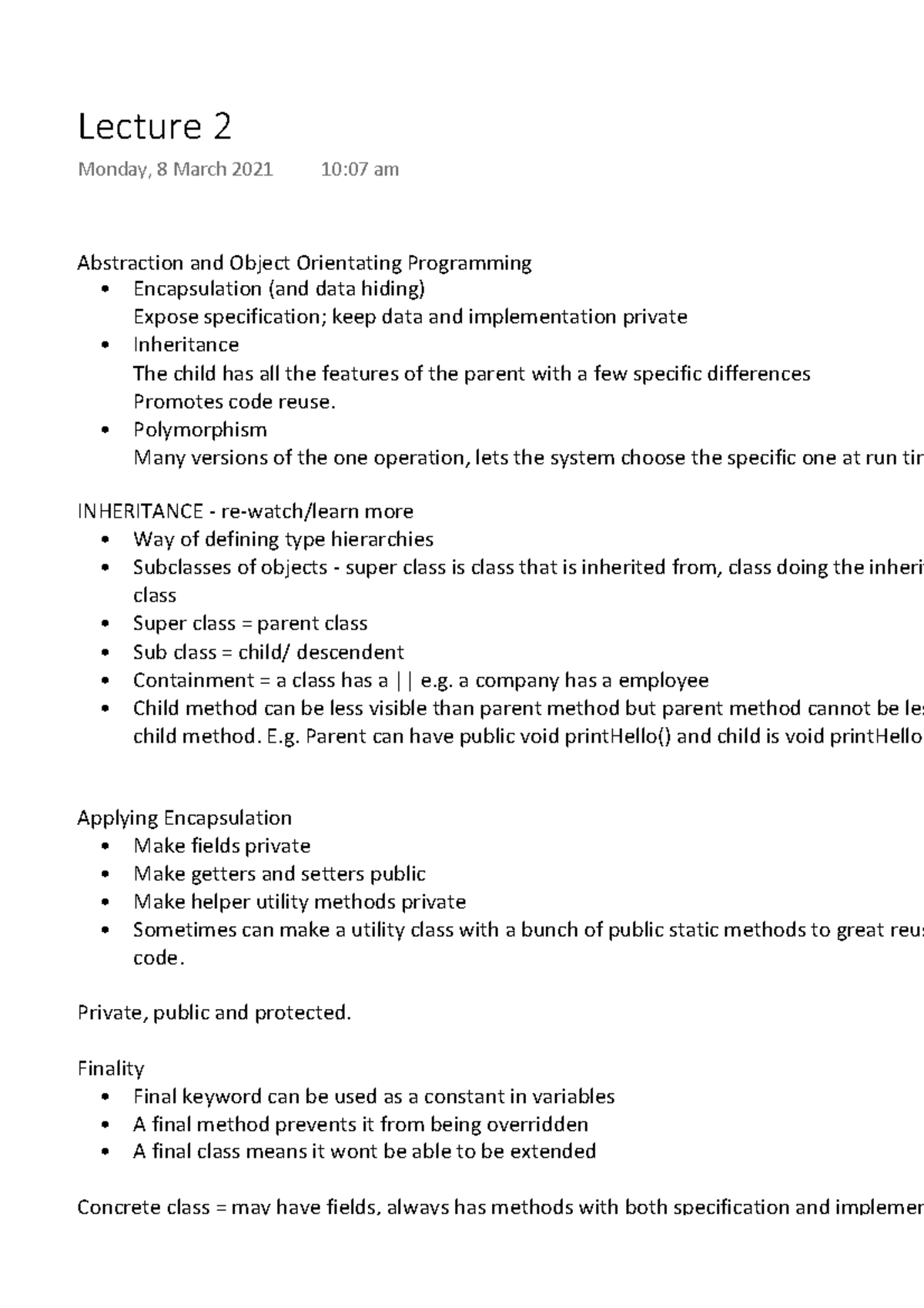 Cab302Lecture 2 - Lecture notes 2 - Abstraction and Object Orientating ...