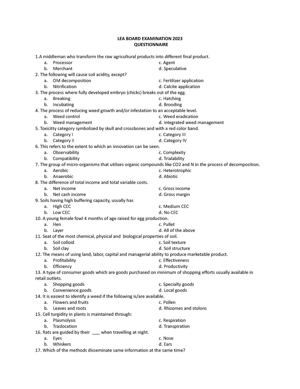 LEA Board Examination 2023 - LEA BOARD EXAMINATION 2023 QUESTIONNAIRE 1 ...