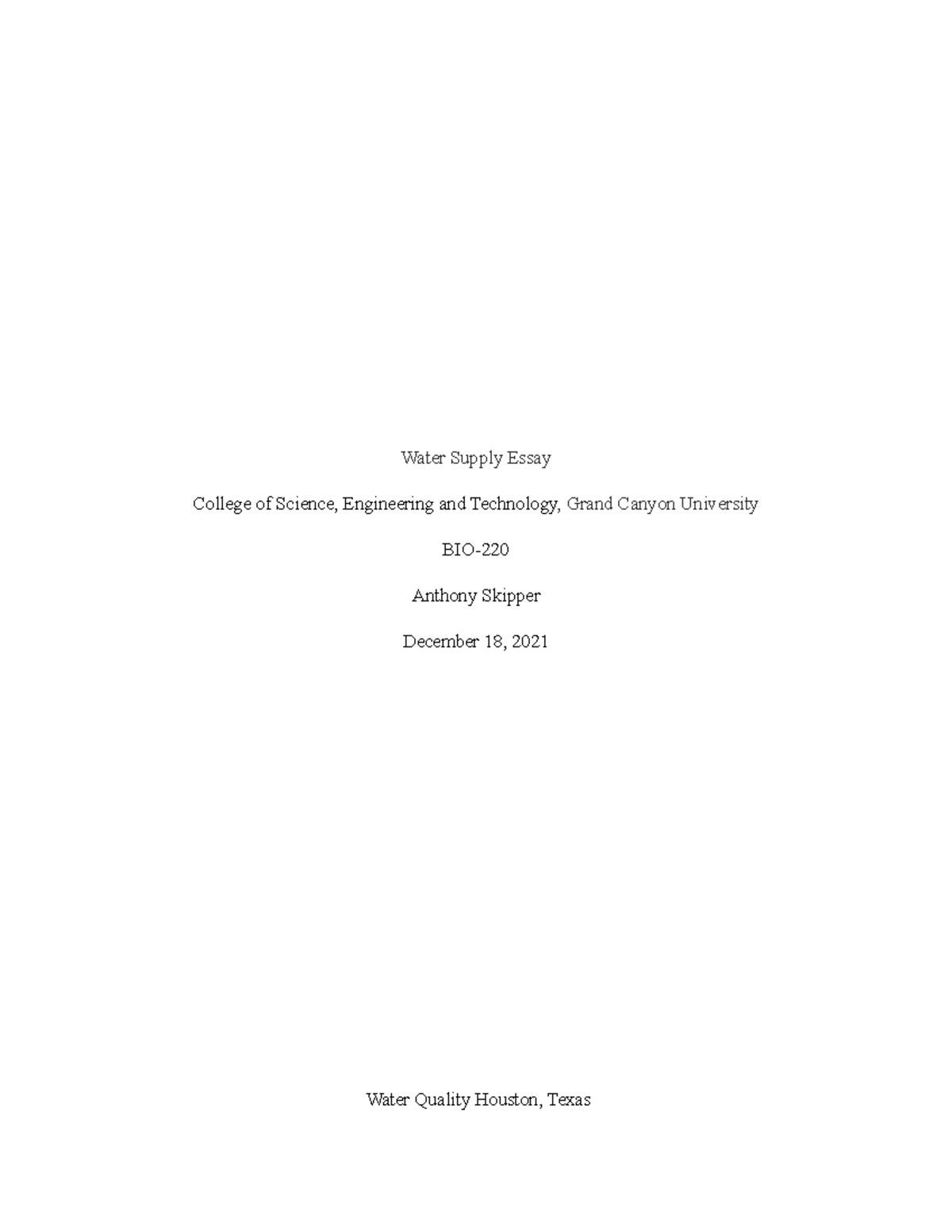 Water Supply Essay Water Supply Essay College of Science, Engineering