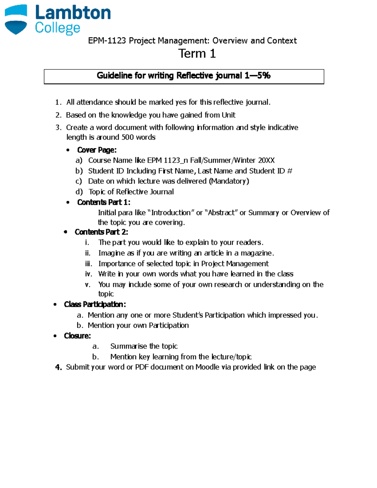 Guideline and rubrics for Reflective Journal 1 - EPM-1123 Project ...