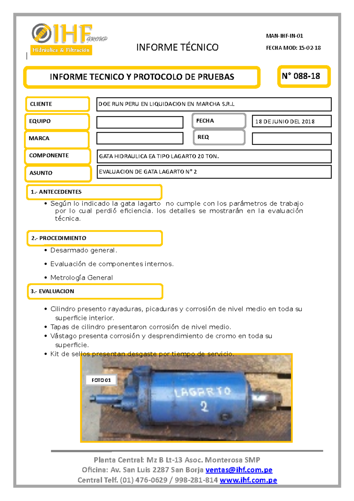 Informe N Gata Hidraulica Tipo Lagarto N Doe Run Seg N Lo