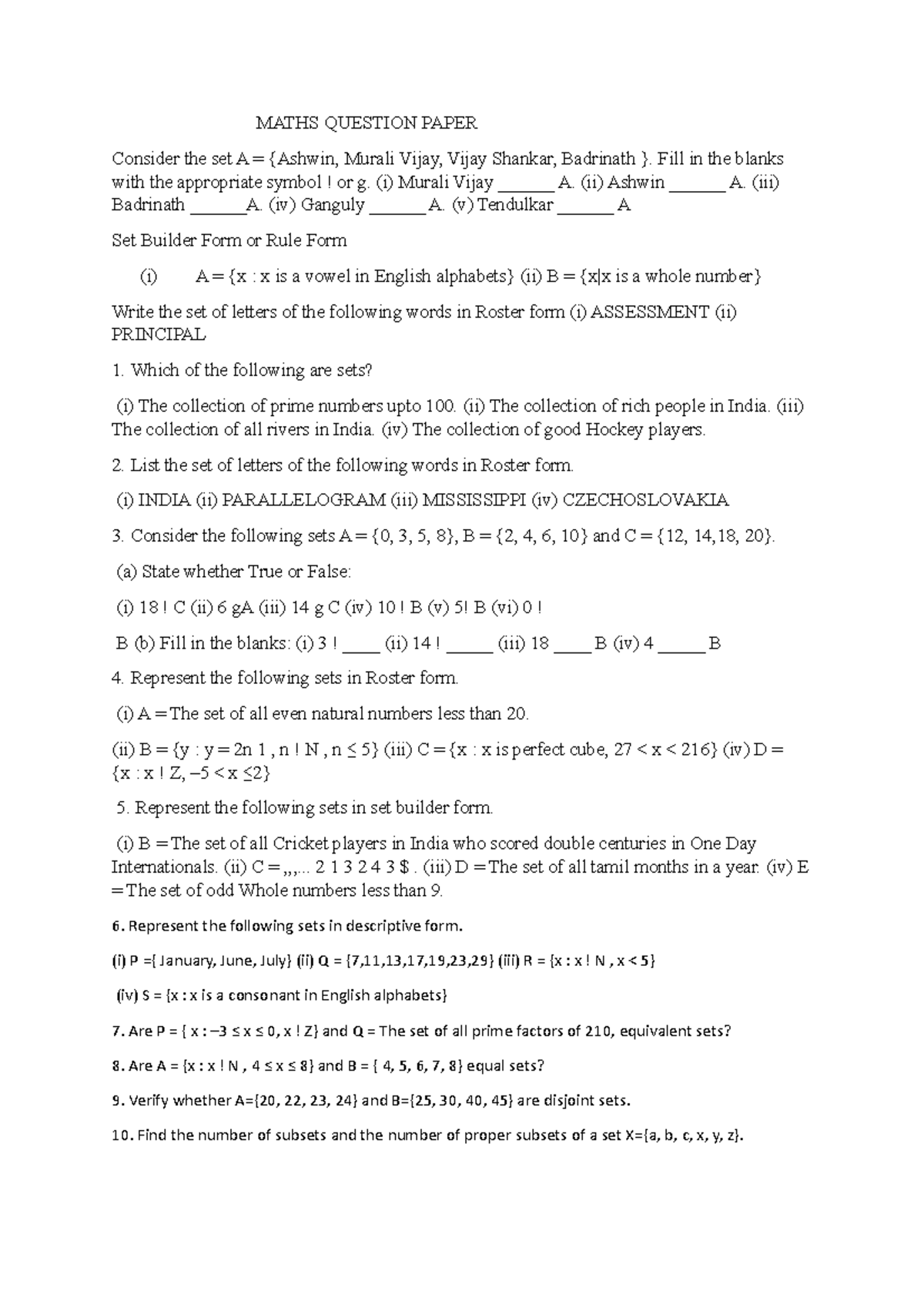 9TH Maths - MATHS QUESTION PAPER Consider the set A = {Ashwin, Murali ...