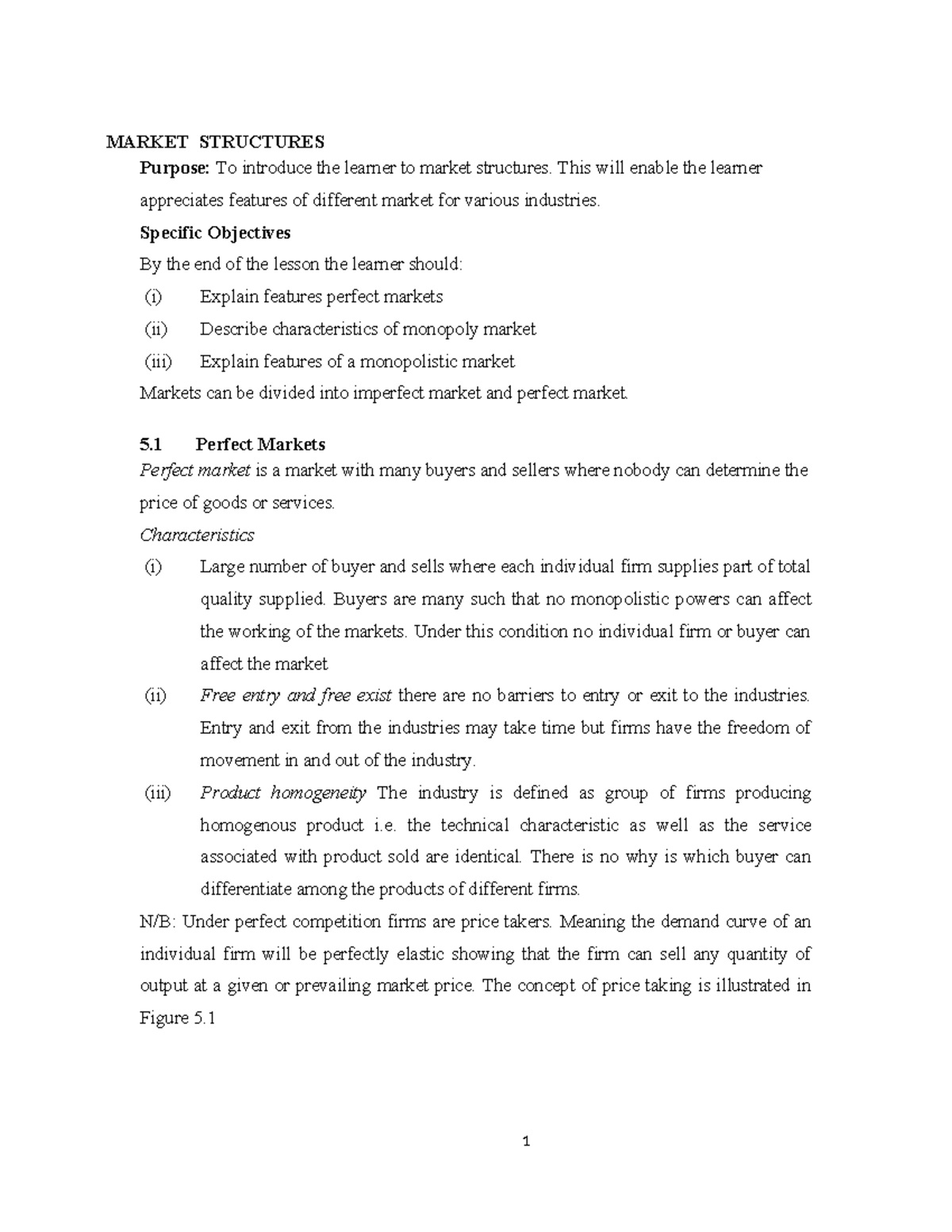 Market Structures - course notes - MARKET STRUCTURES Purpose: To ...