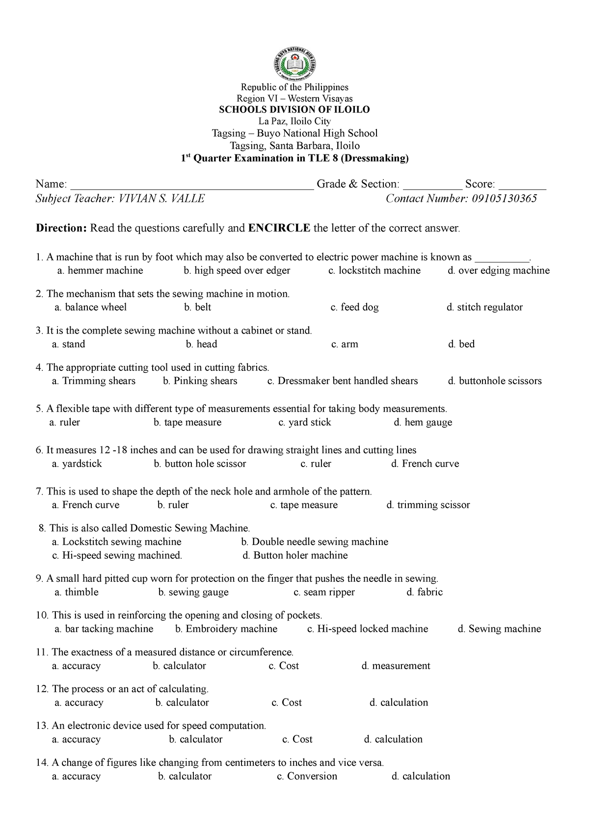 Dressmaking Q1 Test Test Republic Of The Philippines Region Vi Western Visayas Schools 4276