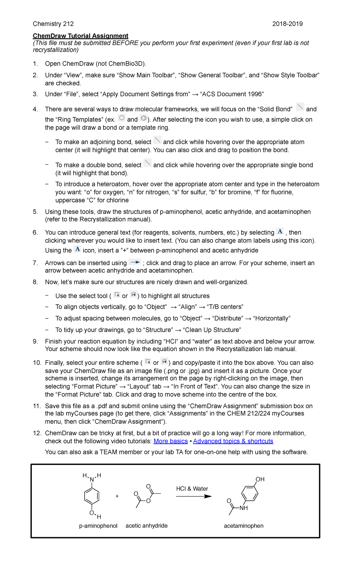 Chem Pre Lab 1 Chemistry 212 2018 2019 Chemdraw Tutorial Assignment