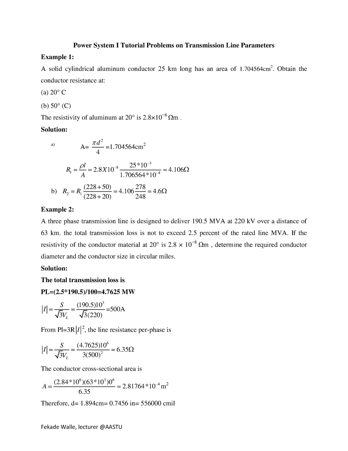 Tutorial problems - it used to the transmission line prametrer - Power 