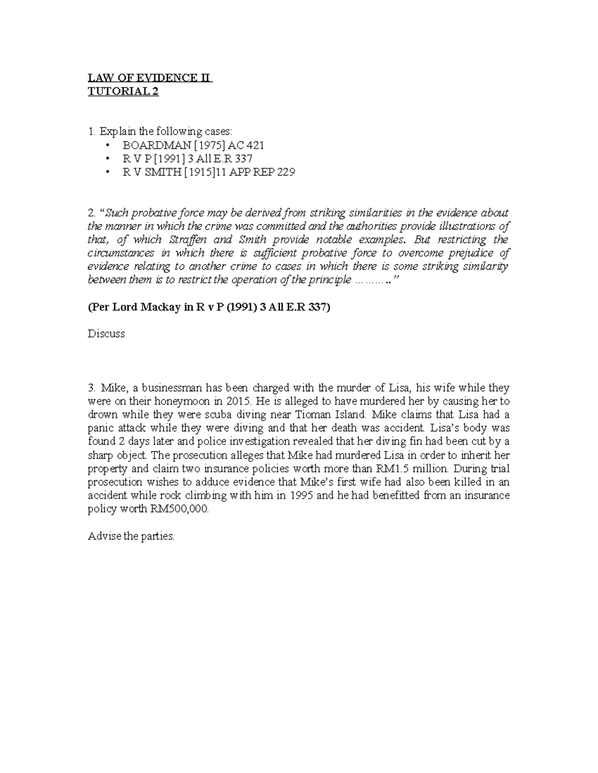 305361 Tuts 2 Qs - tuto - LAW OF EVIDENCE II TUTORIAL 2 Explain the ...