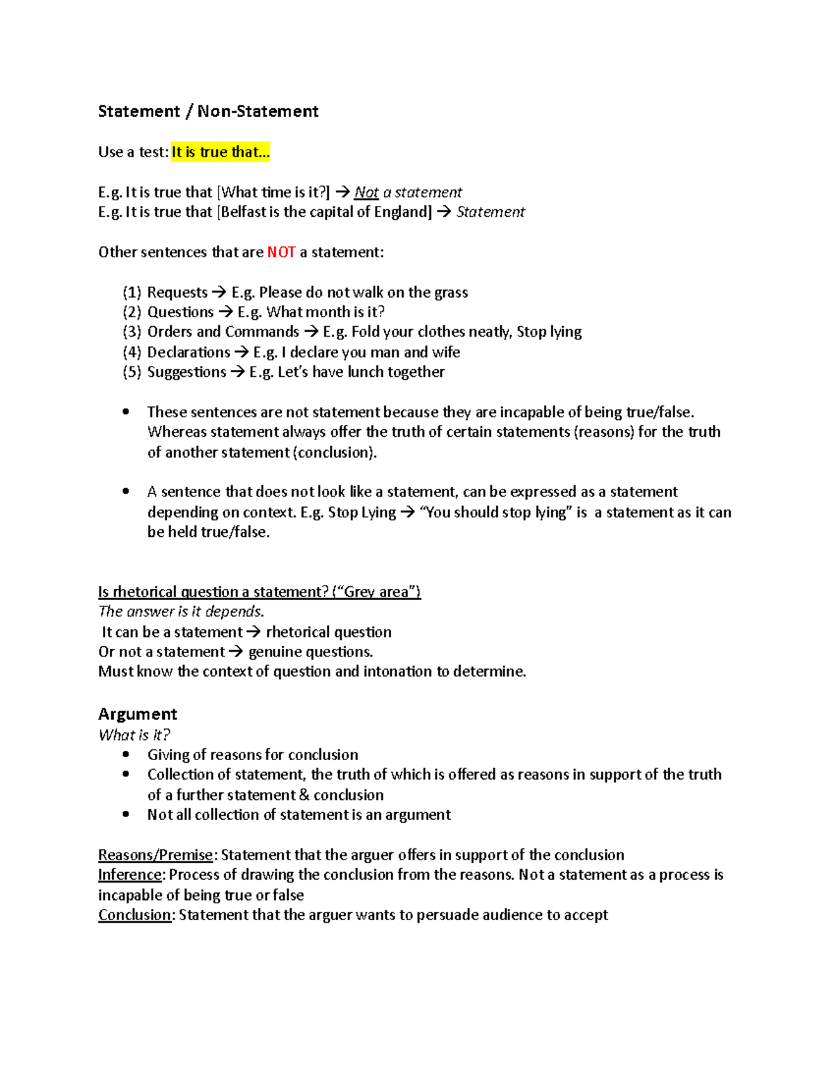 CTRW Mid term notes - Statement / Non-Statement Use a test: It is true ...