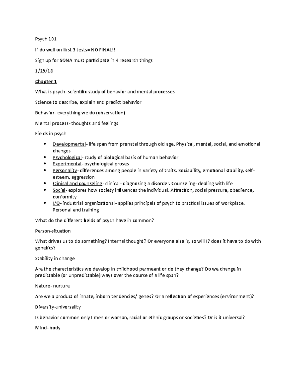 Chapter 1-3 Test Review - Psych 101 If do well on first 3 tests= NO ...