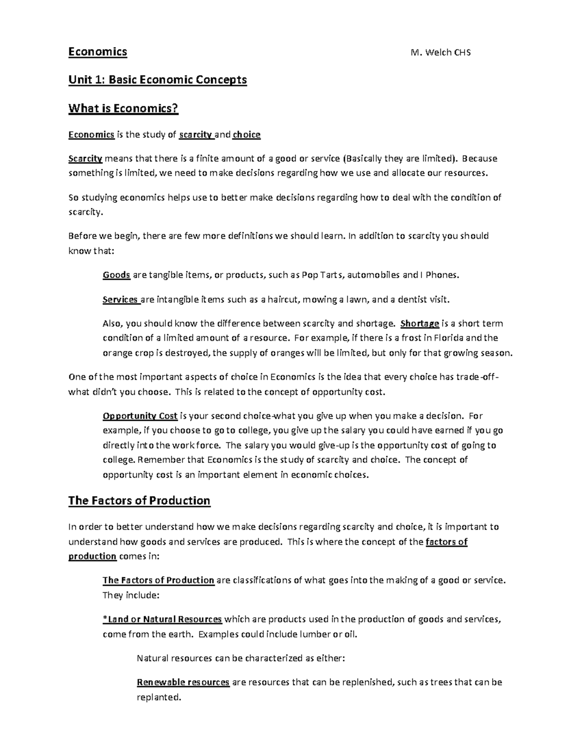 Unit 1 Basic Concepts - Important note - Economics M. Welch CHS Unit 1 ...
