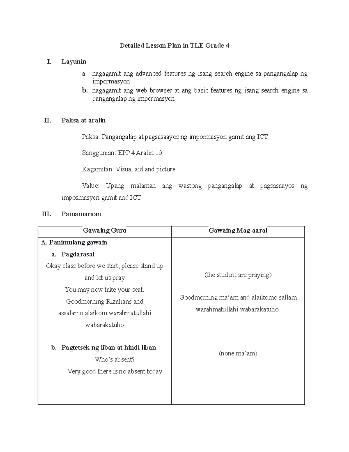 Salic Lesson Plan Tle Detailed Lesson Plan In Tle Grade 4 I Layunin