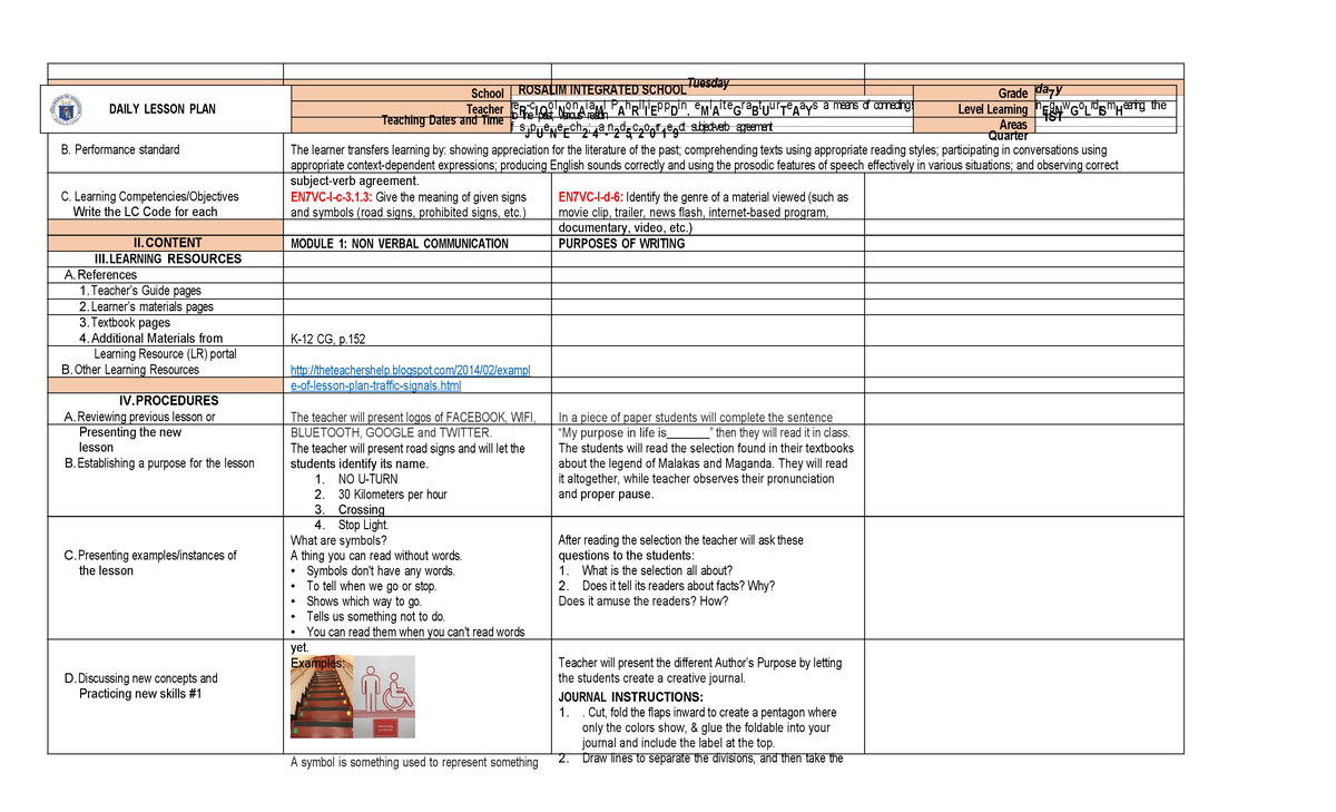 Dlp-blank-template - TEMPLATE - I. OBJECTIVES A. Content Standard ...
