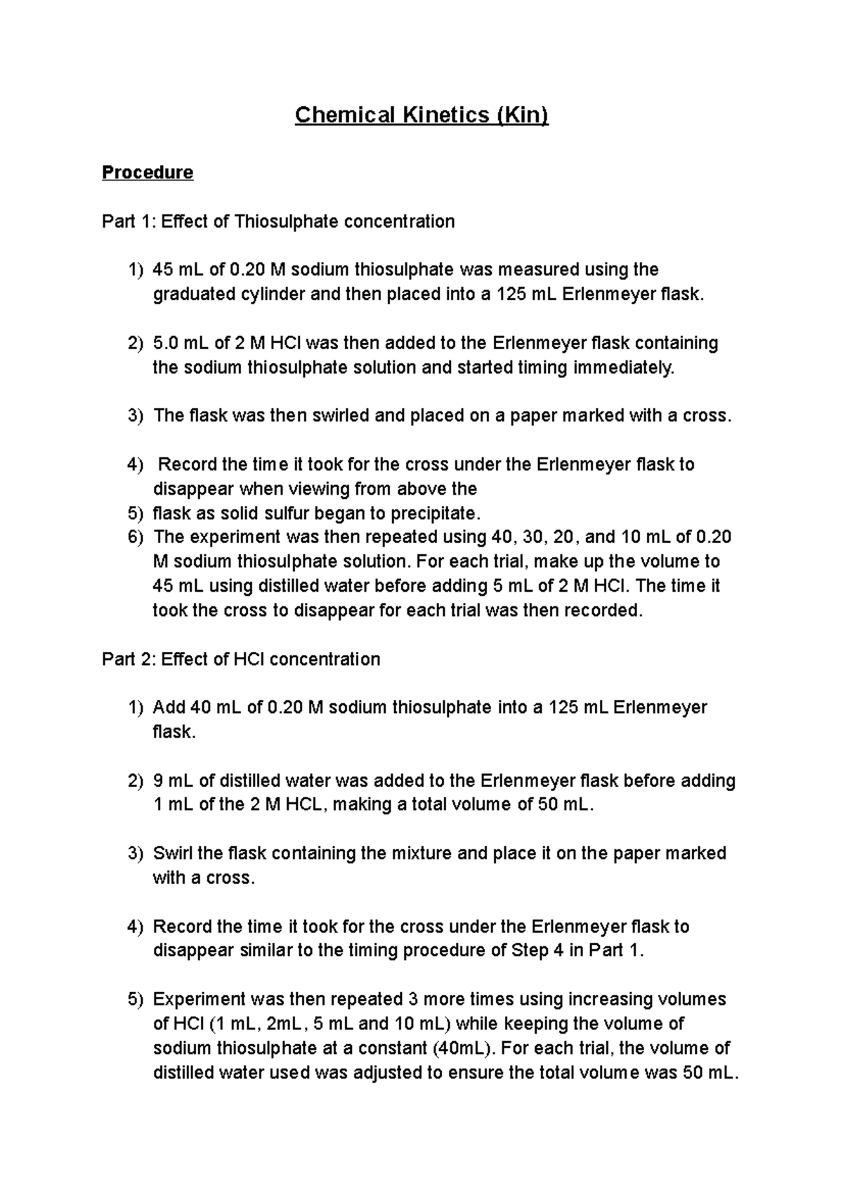 Kin short report - Chemical Kinetics (Kin) Procedure Part 1: Effect of ...