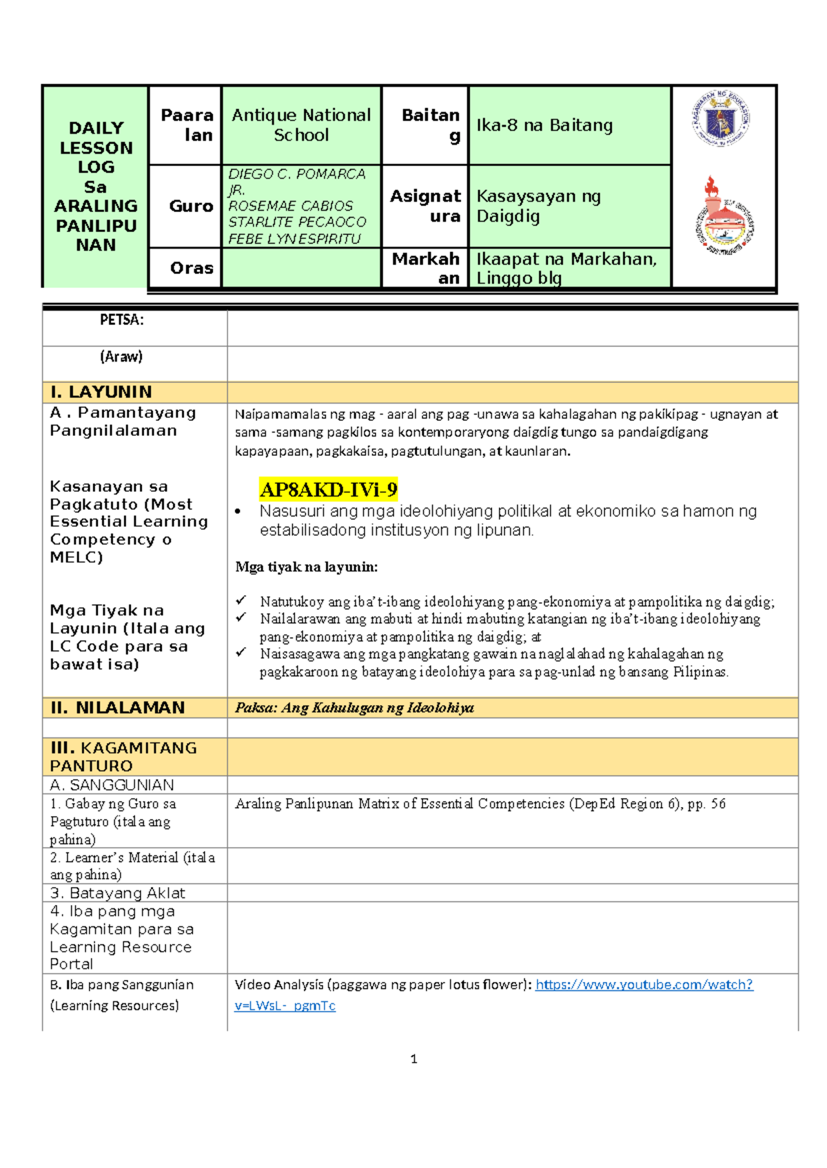 AP 8 LP for LAC Quarter 4 - LAC Lesson Plan in AP - DAILY LESSON LOG Sa ...