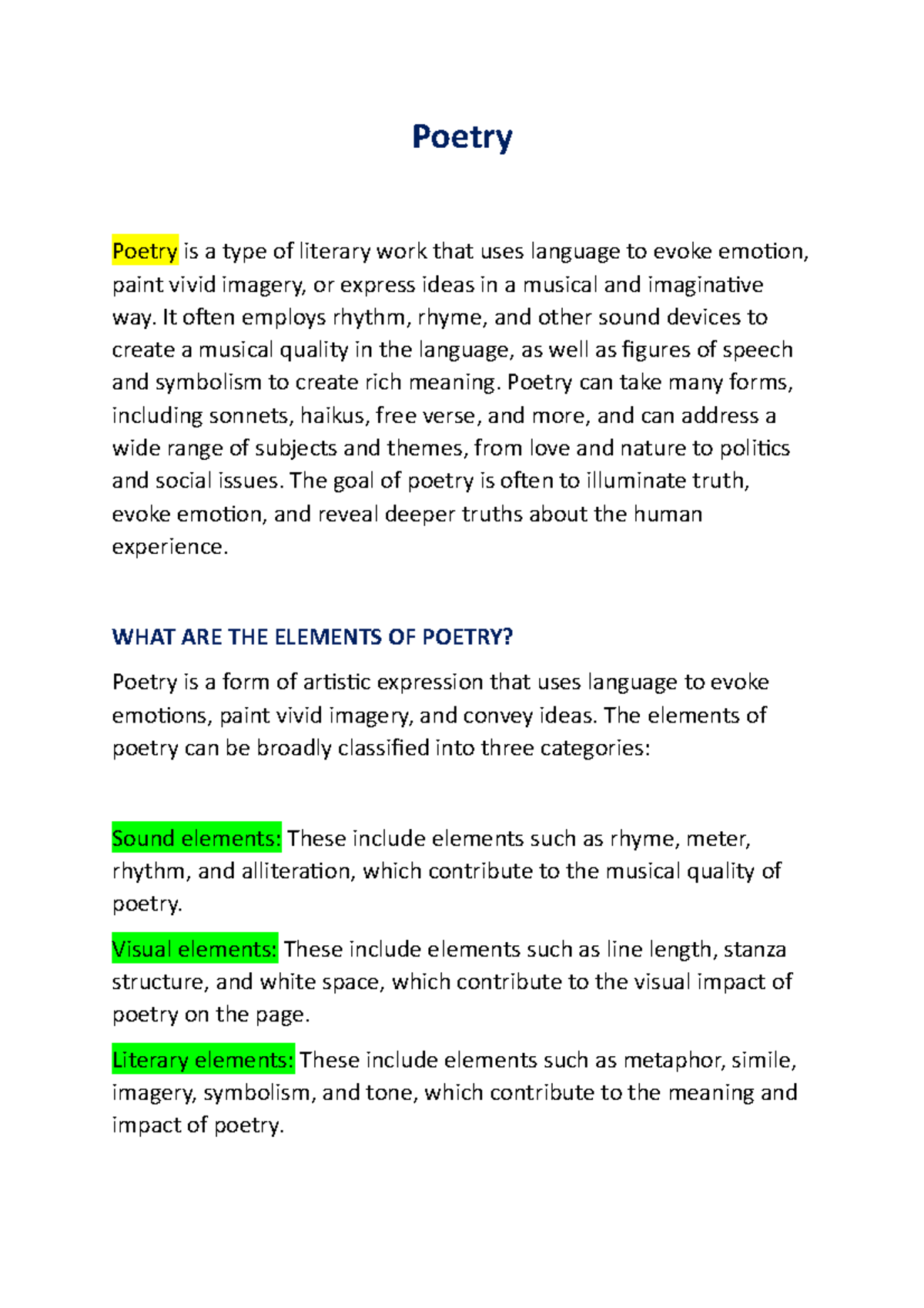 Poetry NOTES Poetry Poetry is a type of literary work that uses