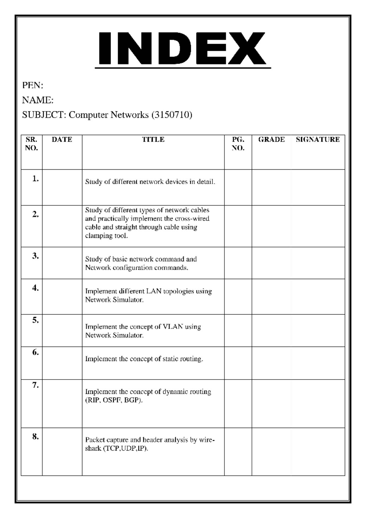 CN Index - INDEX PEN: NAME: SUBJECT: Computer Networks (3150710) SR ...