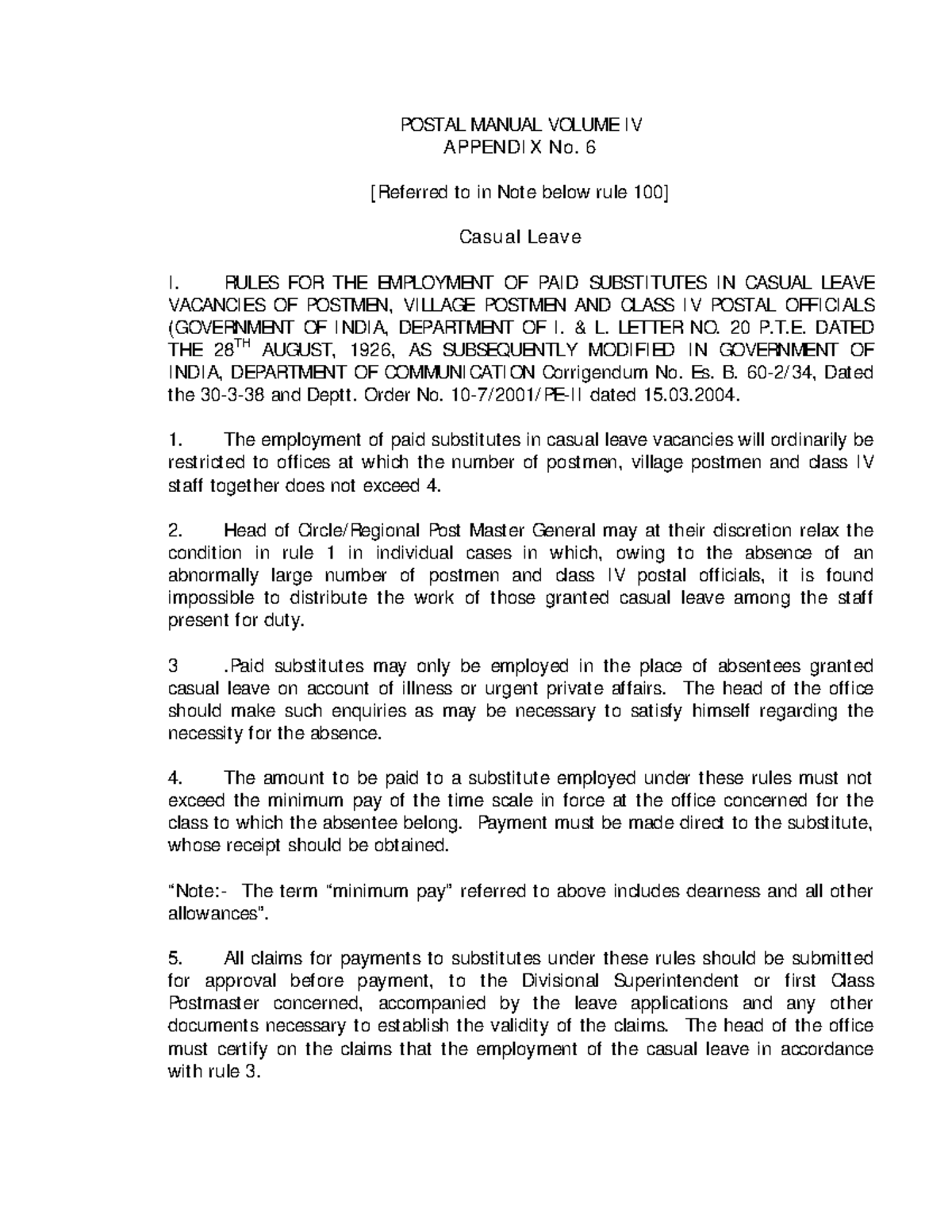 Postal Man Vol IV Part II POSTAL MANUAL VOLUME IV APPENDI X No. 6 [ Referred to in Note below