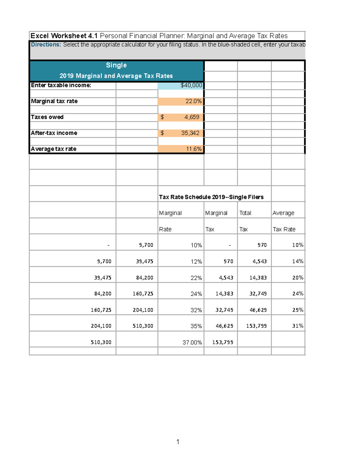 Week 2 personal financial planner marginal and average tax rates Excel