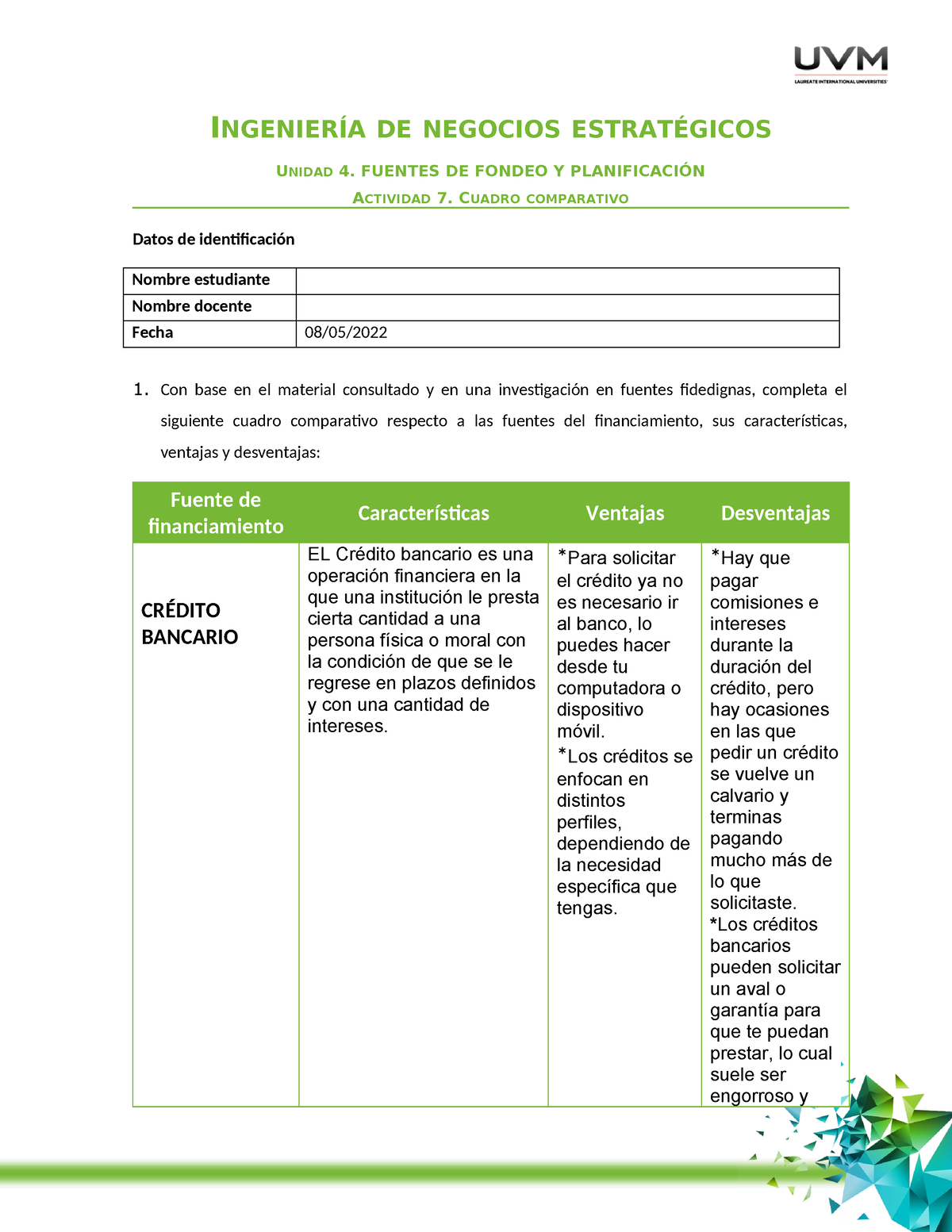 Cuadro Comparativo IngenierÍa De Negocios EstratÉgicos Unidad 4 Fuentes De Fondeo Y 3698