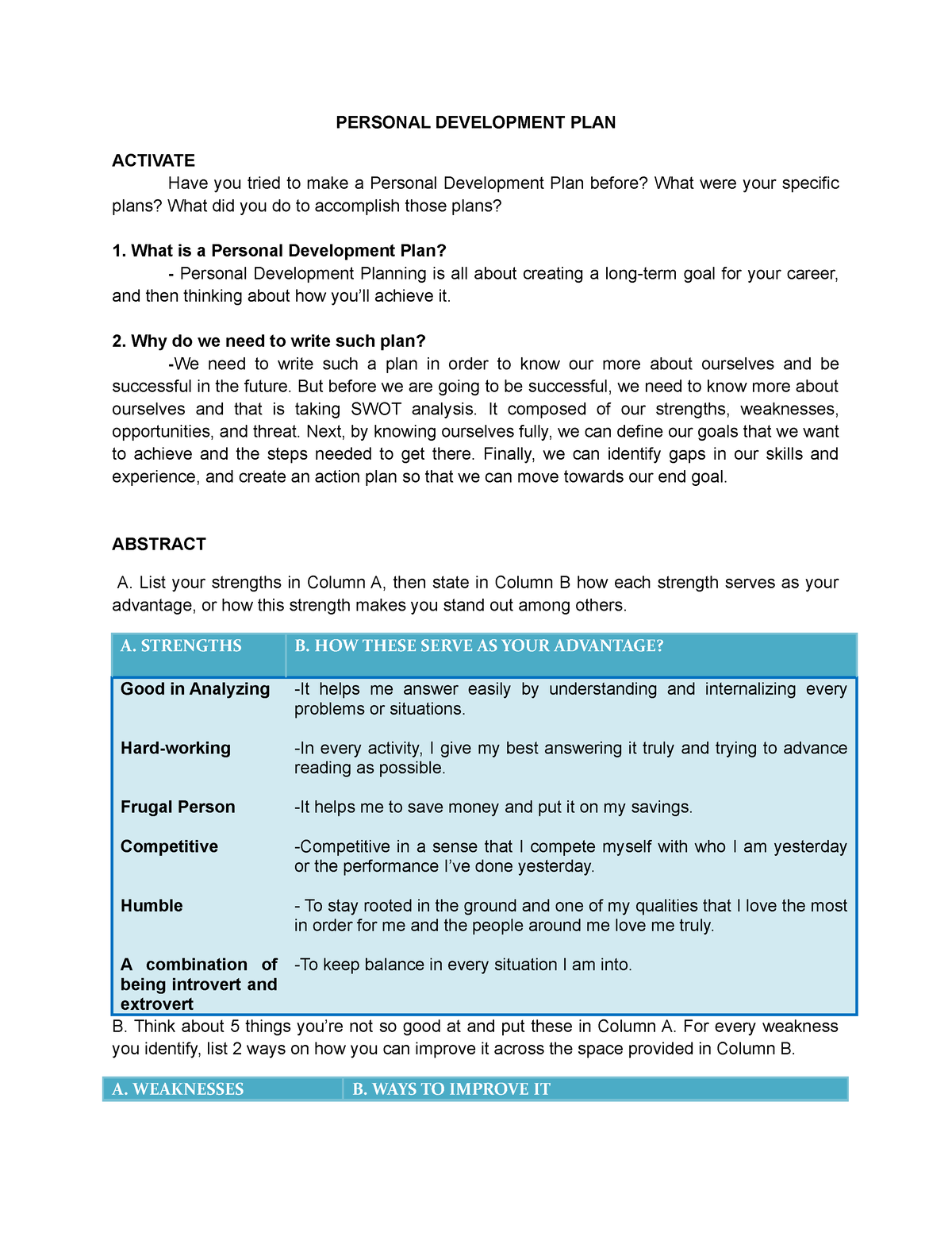 personal development plan assignment pdf