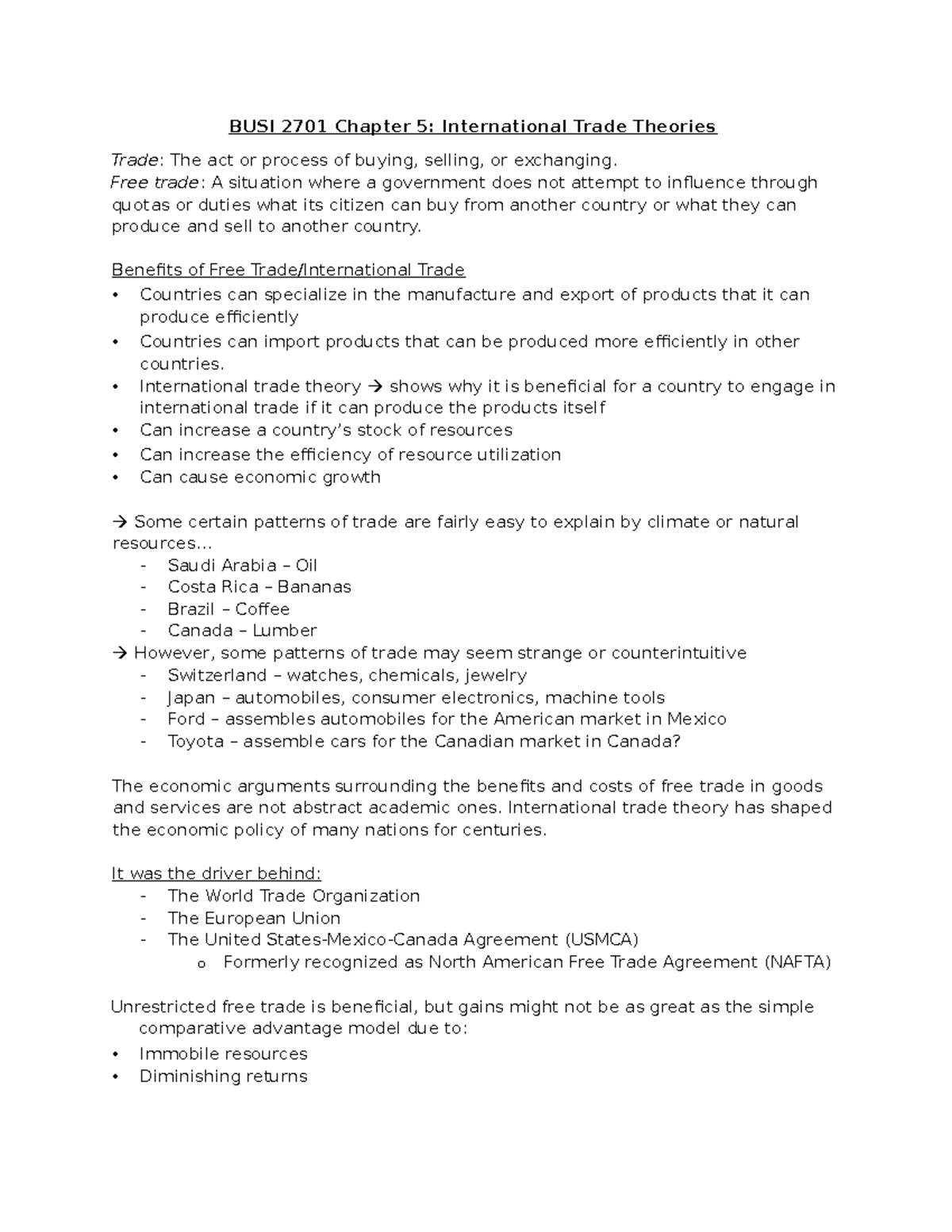 Chapter 5 Notes - International trade theories - BUSI 2701 Chapter 5 ...