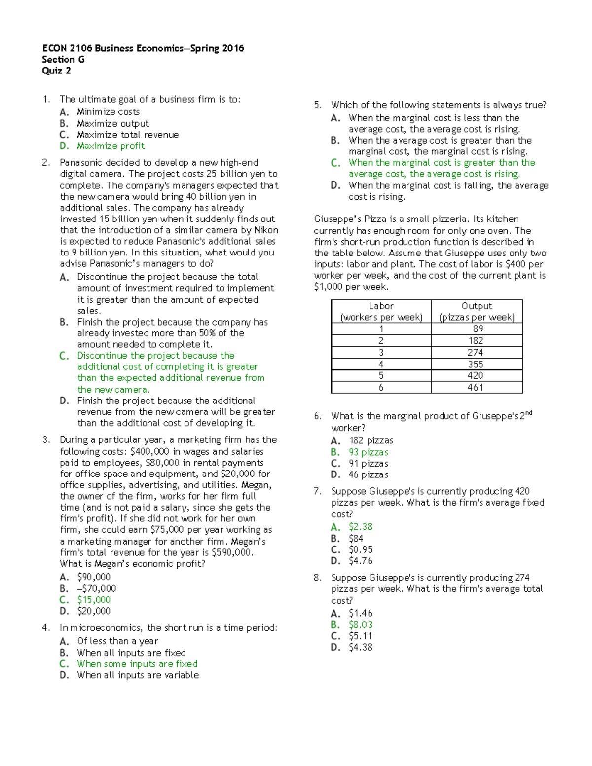 Quiz 2 Key With Answers ECON 2016 - ECON 2106 Business Economics—Spring ...