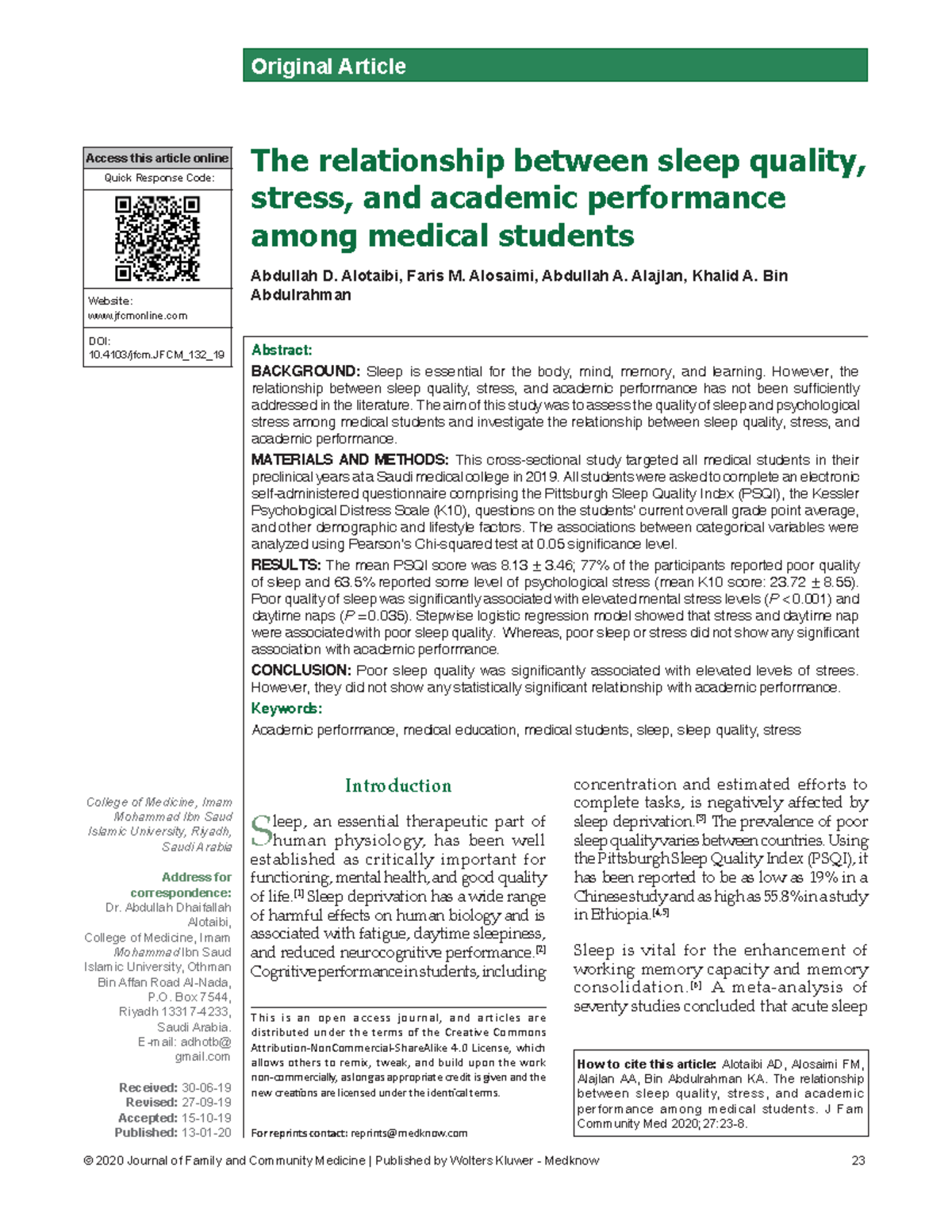 The relationship between sleep quality, stress, and academic ...