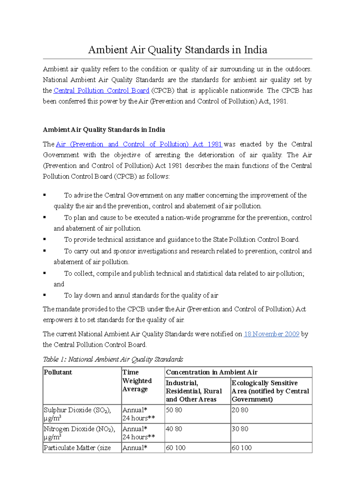 Ambient Air Quality Standards In India