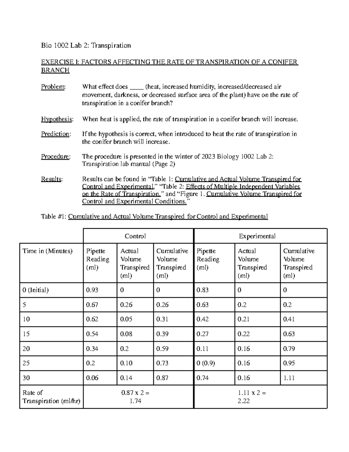 Bio 1002 Lab 2 Transpiration Bio 1002 Lab 2 Transpiration EXERCISE I