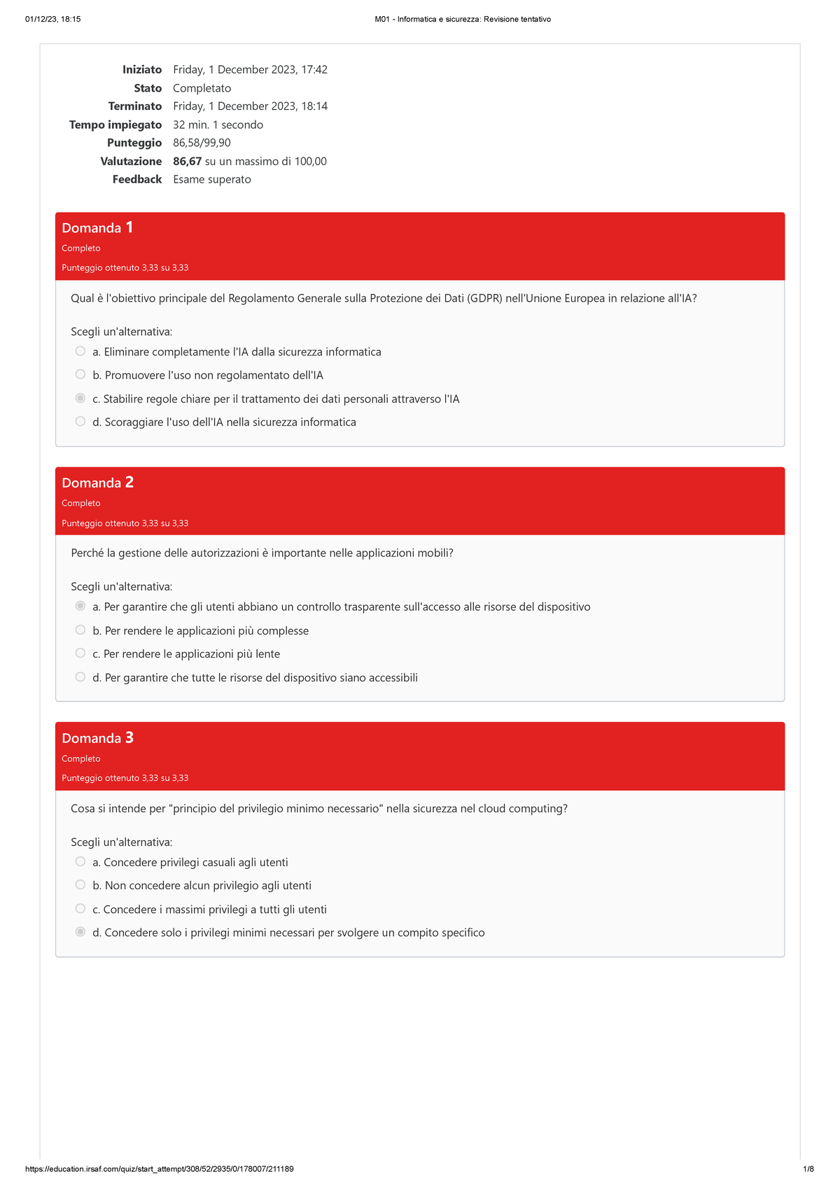 E Irsaf - M01 - Informatica e sicurezza - Iniziato Friday, 1 December 2023,  17: Stato Completato - Studocu