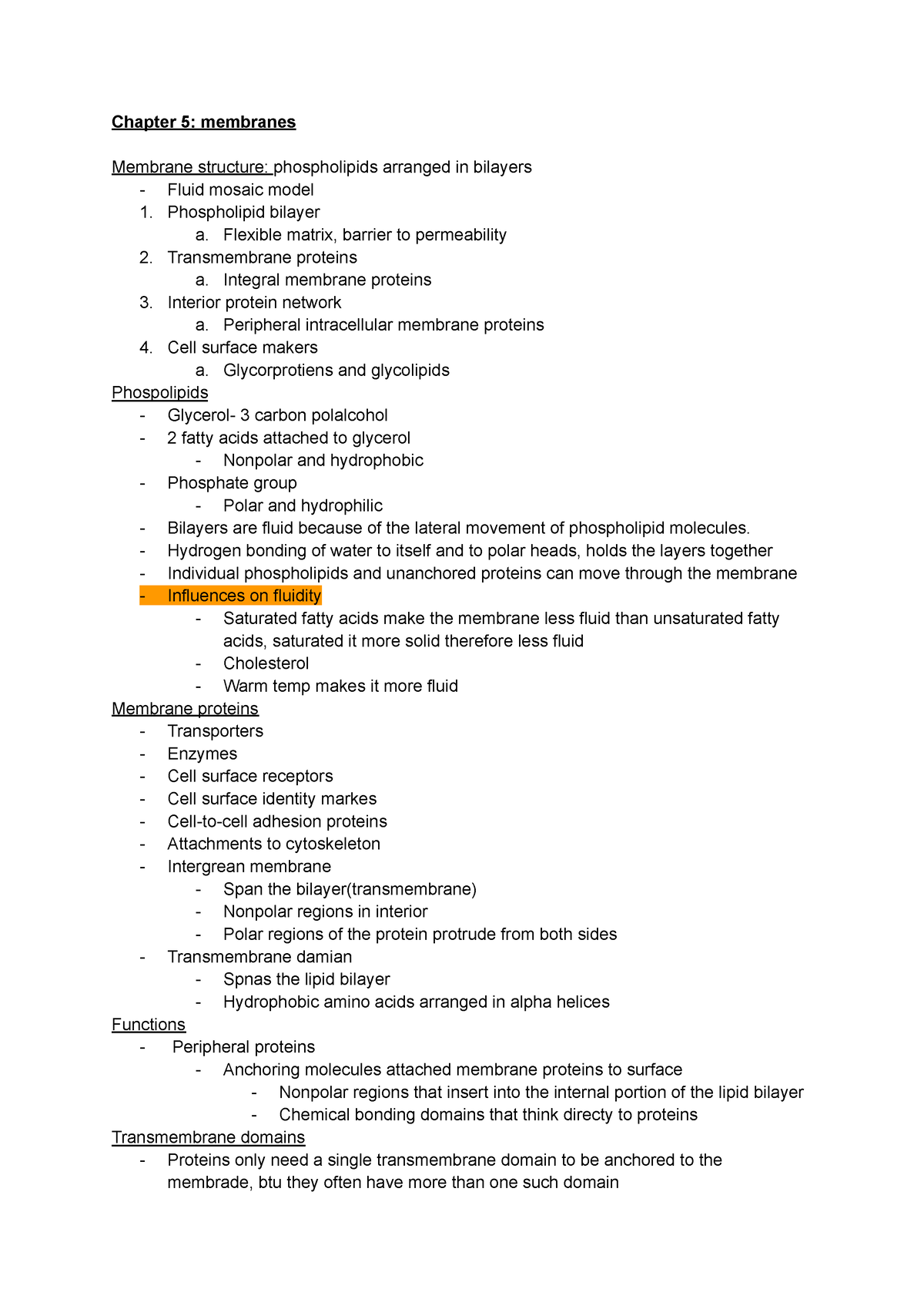 Chapter 5 biology 1 - Chapter 5: membranes Membrane structure ...