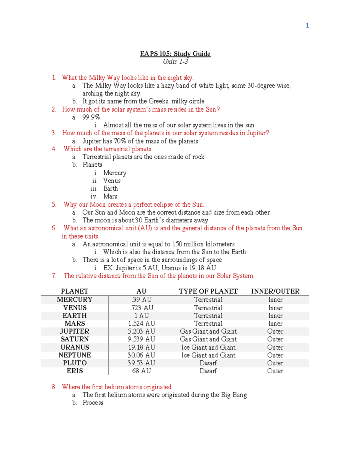 EAPS 105: Study Guide Units 1 - Milky Way Solar System Fusion Supernova ...