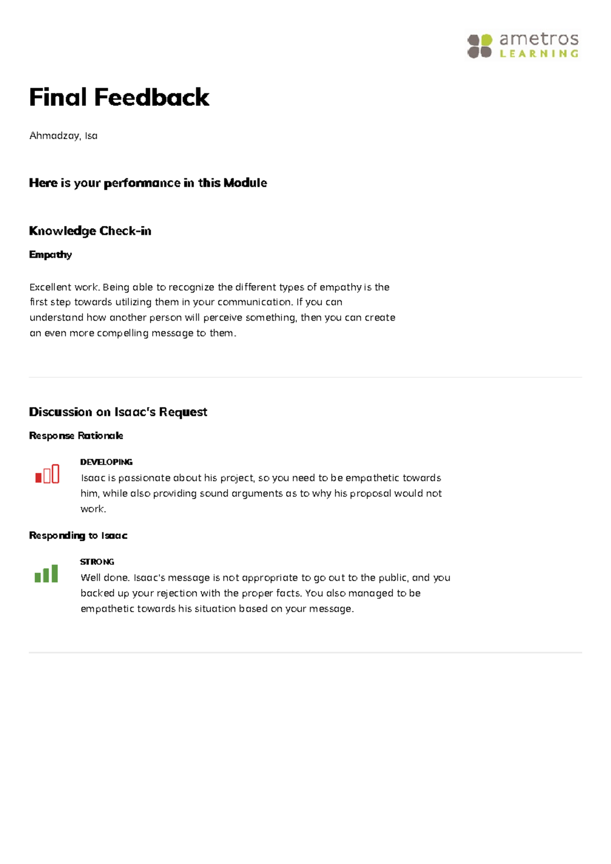Ametros-report - Good work - Excellent work. Being able to recognize ...