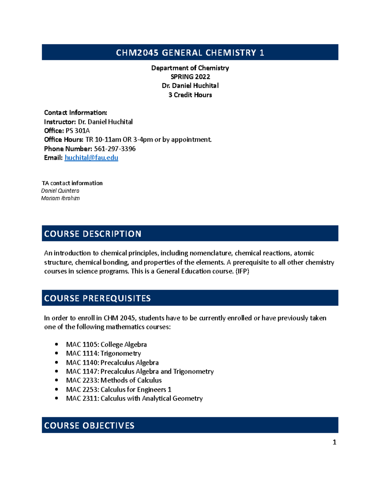CHM2045 Syllabus Spring 2022 - CHM2045 GENERAL CHEMISTRY 1 Department ...