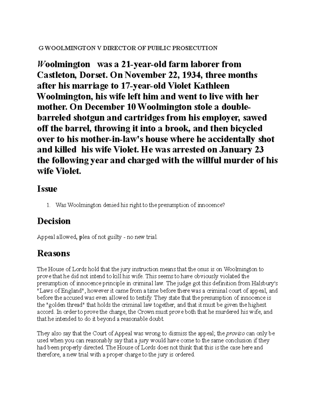 Woolmington v dpp case regarding presumption of innocence and burden