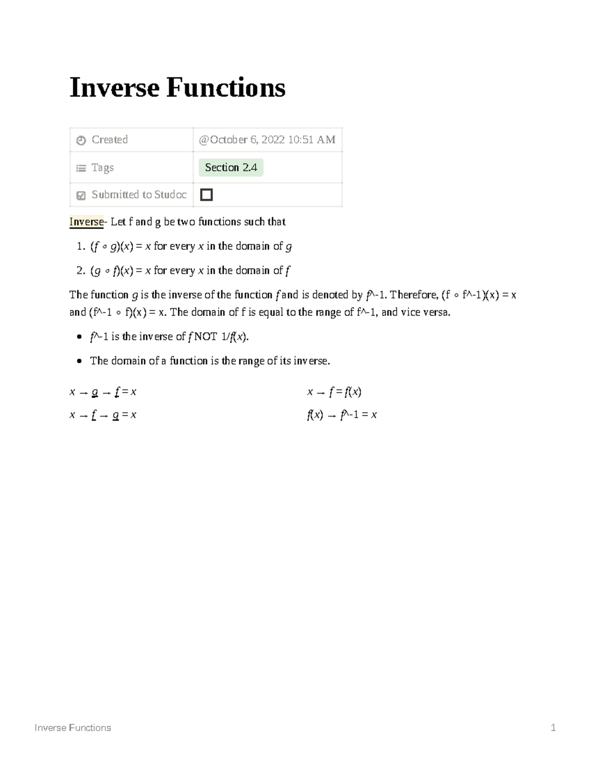 Inverse Functions - Submitted To Studoc Inverse- Let F And G Be Two ...